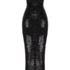 Holly – Schwarzes, trägerloses Pailletten-Kleid mit Schleife Holly – Schwarzes, trägerloses Pailletten-Kleid mit Schleife