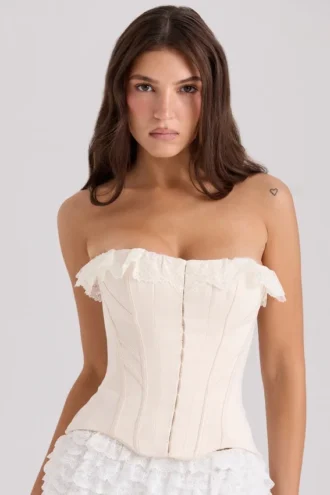 Idella Cremefarbenes Korsetts-Oberteil mit Satin-Spitzenbesatz