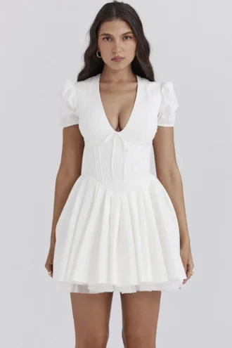 Imani Weißes plissiertes Baumwoll-Minikleid