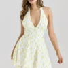 Iris Lemon Mini-Kleid aus Georgette mit Blumenprint und Neckholder-Ausschnitt