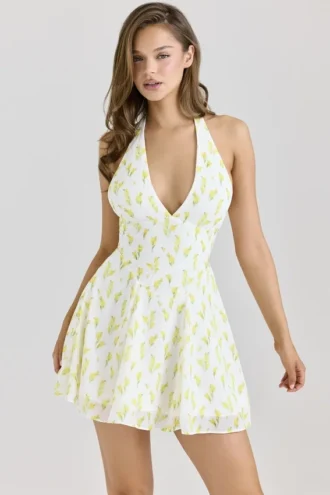 Iris Lemon Mini-Kleid aus Georgette mit Blumenprint und Neckholder-Ausschnitt