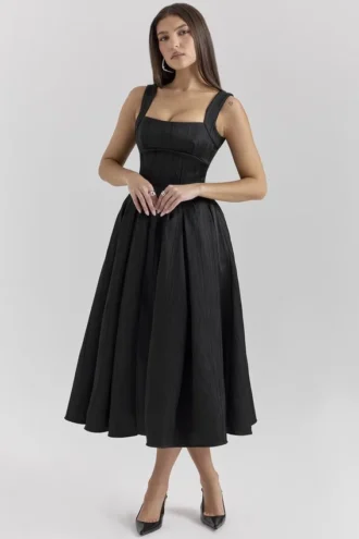 Isabeau Schwarzes Midi-Korsetts-Kleid aus strukturiertem Satin