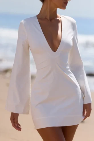 Isha Weißes Baumwoll-Minikleid mit Glockenärmeln
