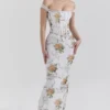 Isis – Maxikleid mit weichem blauem Vintage-Print-Korsett Isis – Maxikleid mit weichem blauem Vintage-Print-Korsett