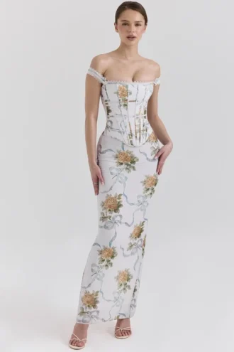 Isis – Maxikleid mit weichem blauem Vintage-Print-Korsett