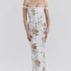 Isis – Maxikleid mit weichem blauem Vintage-Print-Korsett Isis – Maxikleid mit weichem blauem Vintage-Print-Korsett