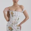 Isis – Maxikleid mit weichem blauem Vintage-Print-Korsett Isis – Maxikleid mit weichem blauem Vintage-Print-Korsett