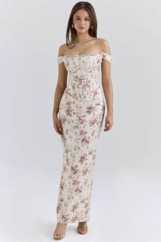 Isis Vintage cremefarbenes Maxikleid mit Blumenprint und Korsett