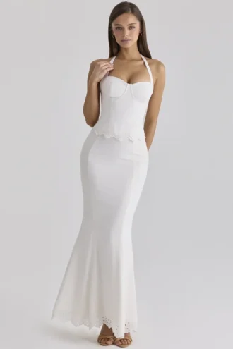 Isorella Weißer Maxirock aus Baumwolle mit Broderie Anglaise