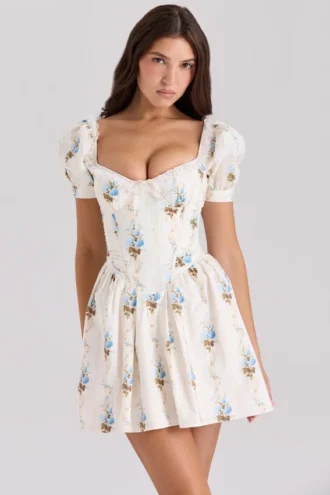 Issa Cremefarbenes Minikleid aus Baumwolle mit Blumenprint