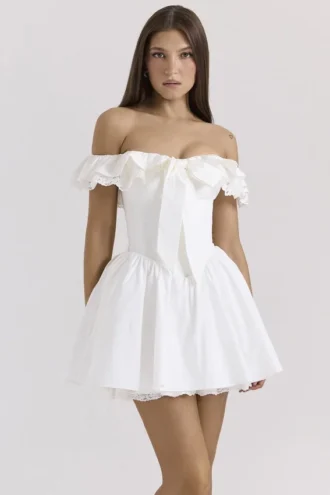 Jaide Weißes Baumwoll-Mini-Korsetts-Kleid mit schulterfreiem Ausschnitt