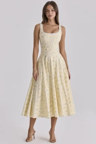 Jaime Midi-Sommerkleid aus Baumwolle mit Blumenprint in Zitronengelb und Schnürung