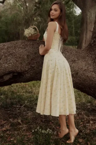 Jaime Midi-Sommerkleid aus Baumwolle mit Blumenprint in Zitronengelb und Schnürung