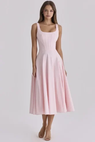 Jaime – Rosa Midi-Sommerkleid aus Baumwolle mit Schnürung