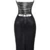 Jalena – Schwarzes Kleid aus veganem Leder mit Spitzenrücken Jalena – Schwarzes Kleid aus veganem Leder mit Spitzenrücken