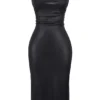Jalena – Schwarzes Kleid aus veganem Leder mit Spitzenrücken Jalena – Schwarzes Kleid aus veganem Leder mit Spitzenrücken