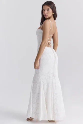 Joan Elfenbeinfarbenes Maxikleid mit Schnürung am Rücken