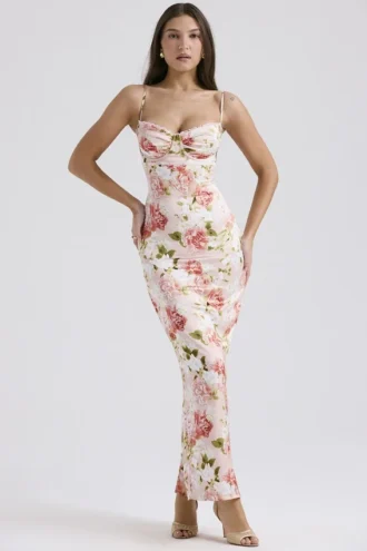 Josefina Maxikleid aus Satin mit rosa Pfingstrosenprint