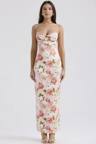 Josefina Maxikleid aus Satin mit rosa Pfingstrosenprint