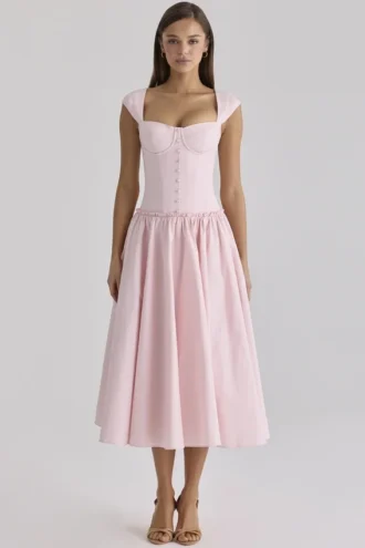 Kaia – Midi-Kleid aus rosa Baumwolle mit Flügelärmeln