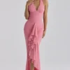 Karminrotes Himbeer-Maxikleid aus Mesh mit Neckholder und Wasserfallausschnitt