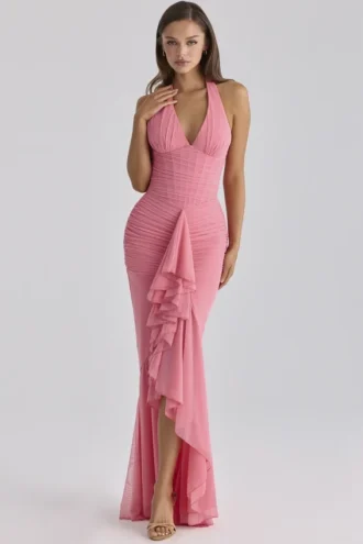 Karminrotes Himbeer-Maxikleid aus Mesh mit Neckholder und Wasserfallausschnitt