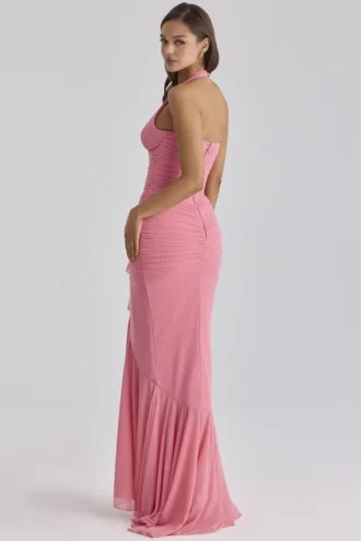 Karminrotes Himbeer-Maxikleid aus Mesh mit Neckholder und Wasserfallausschnitt