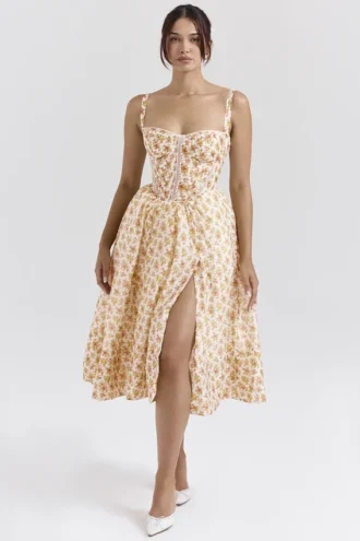 Kelly Midi-Sommerkleid mit Royal-Rose-Print als Korsett