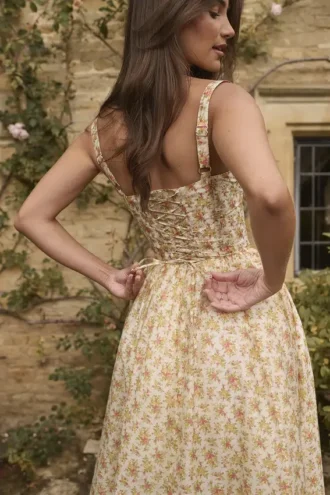 Kelly Midi-Sommerkleid mit Royal-Rose-Print als Korsett