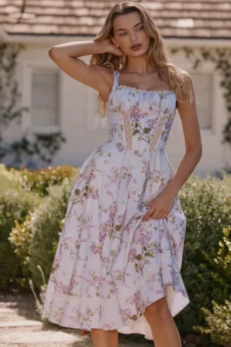 Kim Lilac Floral Baumwoll-Midi-Sommerkleid