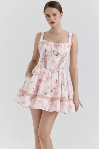 Kimmie Mini-Kleid aus Baumwolle mit Pfirsich-Blumen- und Rosenprint