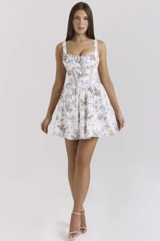 Kimmie Weißes Baumwoll-Minikleid mit Blumenband-Print