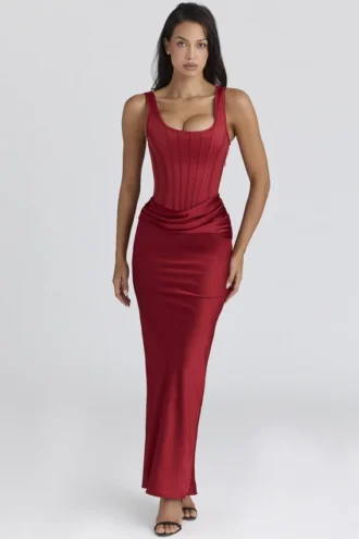 Kira – Rotes Satin-Korsetts-Maxikleid