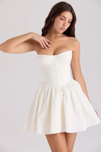Kristiana Elfenbeinfarbenes, trägerloses Korsetts-Mini-Kleid aus Baumwolle