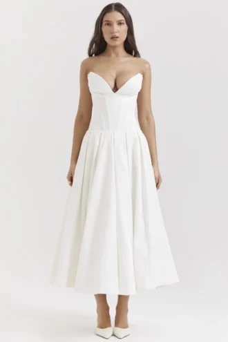 Lady White Strapless Midi Kleid