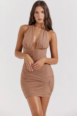 Laetitia Mini-Kleid in Haselnussbraun mit Raffungen