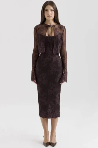 Larra Midi-Kleid aus Spitze in Bitter-Schokoladenbraun mit Korsett und Bolero
