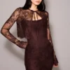 Larra Midi-Kleid aus Spitze in Bitter-Schokoladenbraun mit Korsett und Bolero