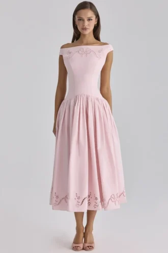 Lauren Rosa Baumwoll-Maxikleid mit Broderie Anglaise und U-Boot-Ausschnitt