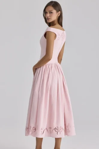 Lauren Rosa Baumwoll-Maxikleid mit Broderie Anglaise und U-Boot-Ausschnitt