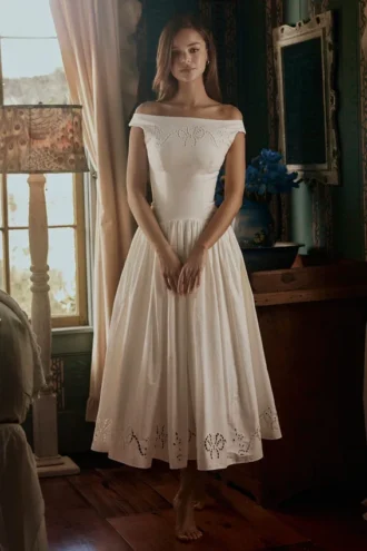 Lauren Weißes Baumwoll-Maxikleid mit Broderie Anglaise und U-Boot-Ausschnitt
