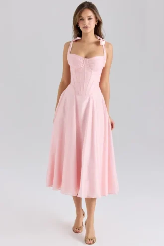 Leia – Midi-Kleid aus rosa Chiffon mit Bindebändern