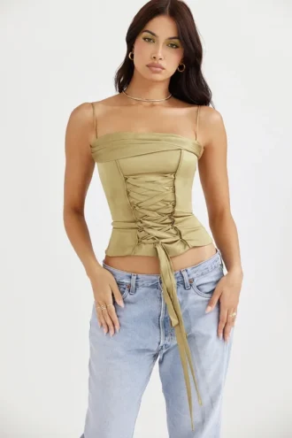 Letitia Olive Satin-Schnürkorsett