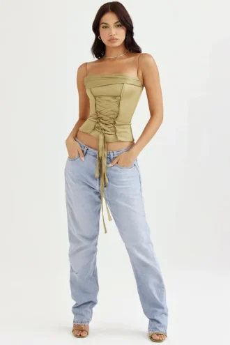 Letitia Olive Satin-Schnürkorsett