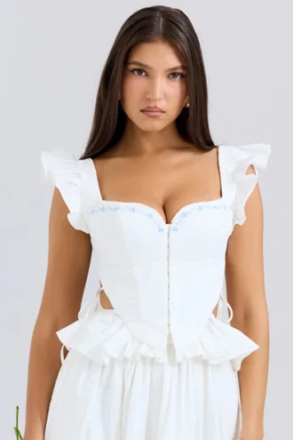 Lilibet Weißes besticktes Peplum-Korsetts-Oberteil aus Baumwolle