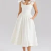 Lillia Weißes Midi-Kleid aus Stretch-Baumwolle mit Schleifen Lillia Weißes Midi-Kleid aus Stretch-Baumwolle mit Schleifen