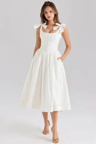 Lillia Weißes Midi-Kleid aus Stretch-Baumwolle mit Schleifen