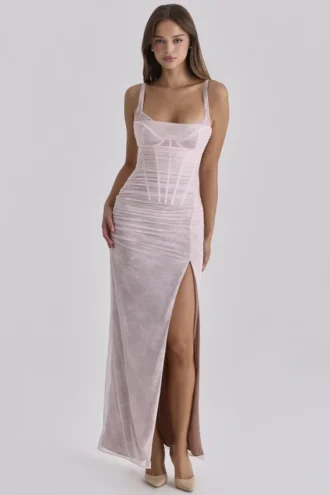 Lini Baby Pink Spitzen-Mesh-Maxikleid