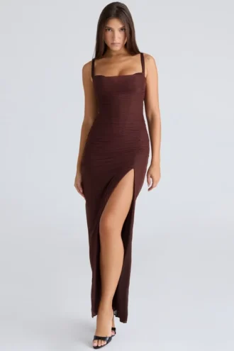 Lini Burgunderrotes Stretch-Mesh-Maxikleid