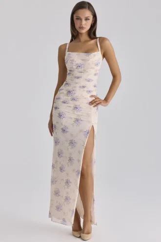 Lini Elfenbeinfarbenes Stretch-Mesh-Maxikleid mit Sweet-Peony-Print